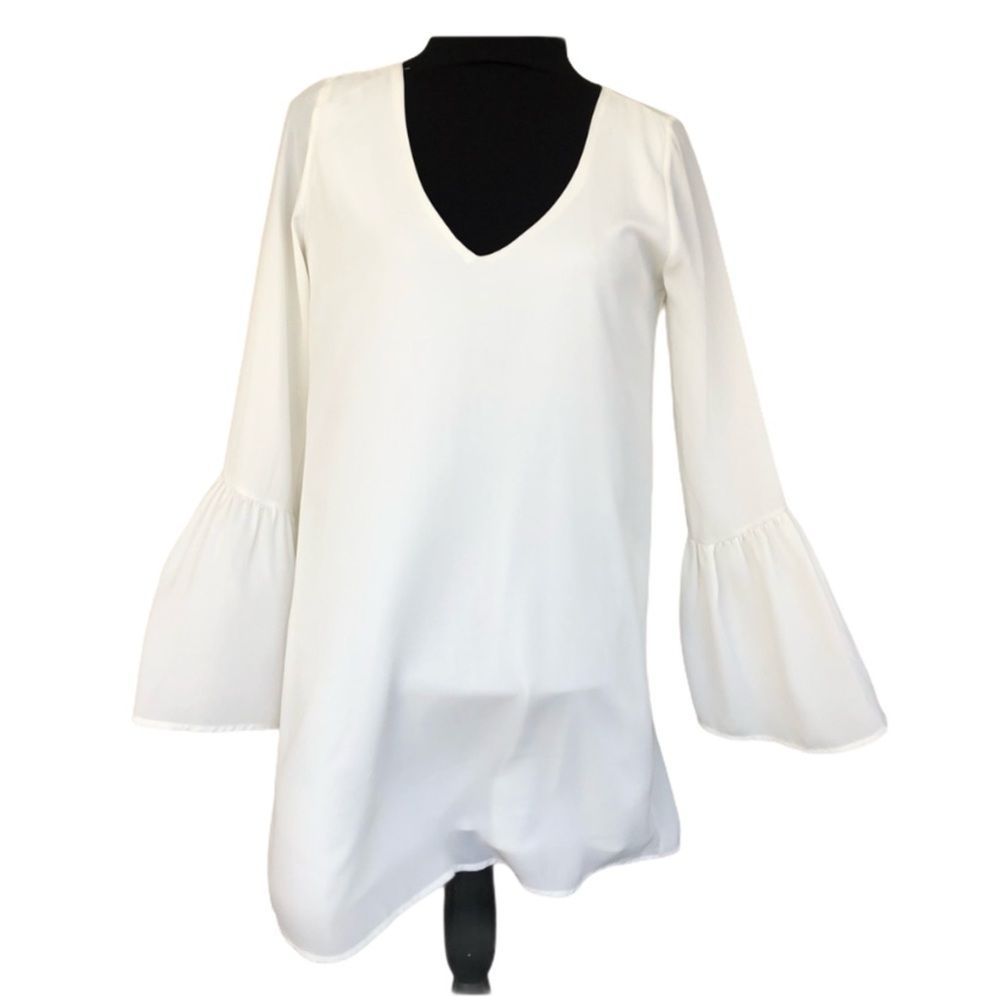 Lulu’s White Mini Dress with Bell Sleeves Size S